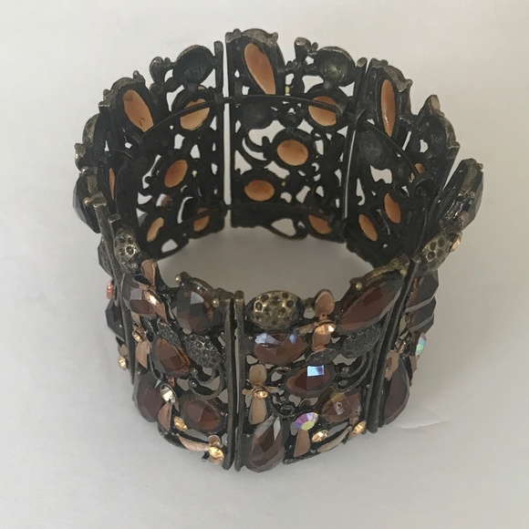 Rare Find! Handcrafted Brass 7 Panel Hinged 2” Cuff Bracelet Topaz Color Stones - Picture 9 of 10